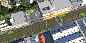 New traffic signals at the existing pedestrian crossing by Bordeax Bakery.
